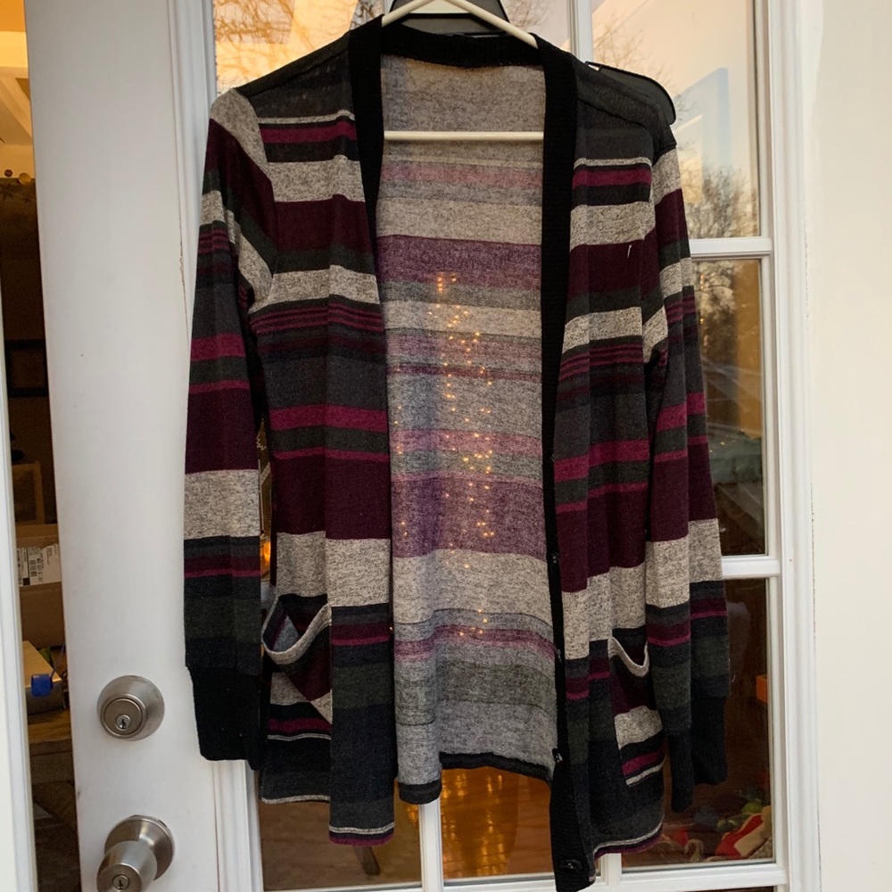 Purple and Gray Striped Sweater Cardigan